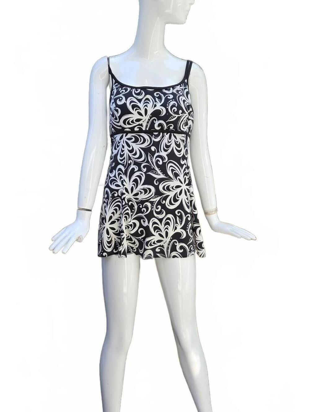 Robby Len Black & White Swirl Floral One-Piece Swim-Dress Size 16  Tummy Control